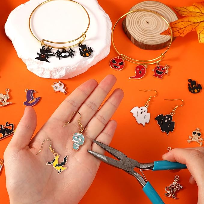 SANNIX 350Pcs Halloween Charms - Gold Enamel Pumpkin, Ghost, Skeleton, Bat, Witch for Jewelry Making Bracelets, Necklaces, Earrings, Craft Making