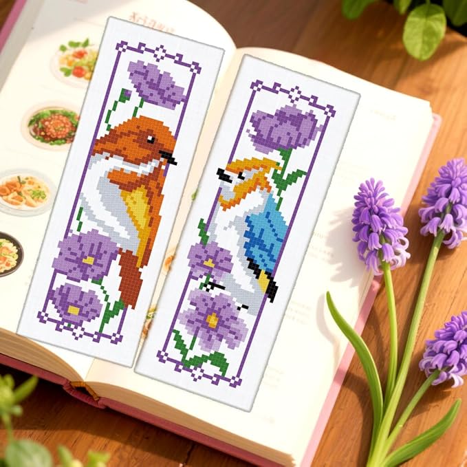 ORIGACH 6 Set Bird and Flower Cross Stitch Bookmark Kit for Beginners Stamped Embroidery Kit Include Backing Felt and Instruction Beginner Cross Stitch Kits for Adults