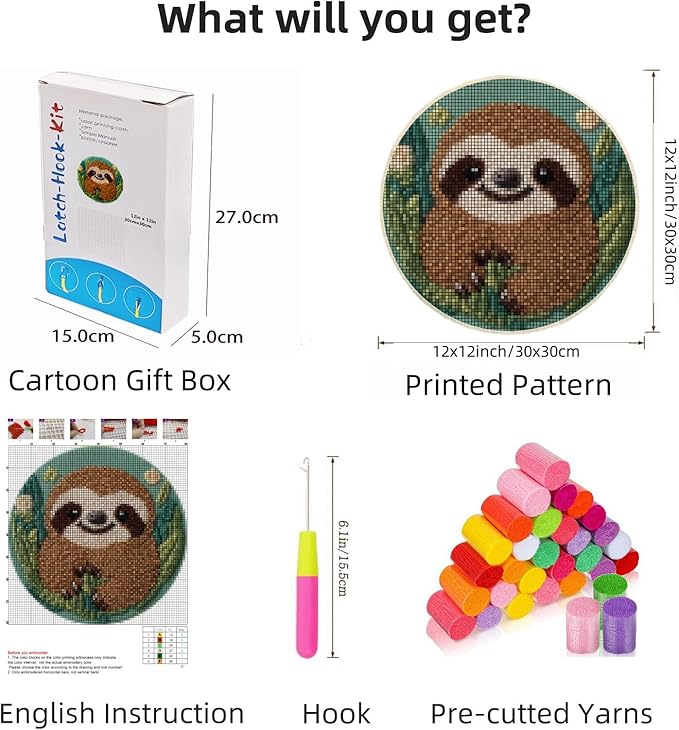 Latch Hook Rug Kit Cute Sloth with Green Color Easy for Beginners Round Shape Carpet Crochet Yarn Craft Mini Rug DIY Hook and Latch Little Tapestry for Home Decor 30x30cm-6