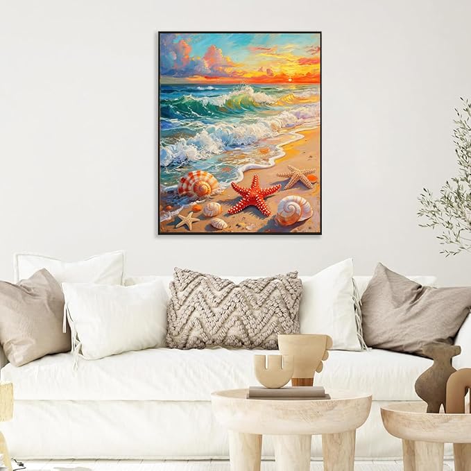 Fotasmua Beach Paint by Numbers Kit for Adults Beginner, Ocean Shellfish Easy Adult Paint by Number Kits on Canvas, DIY Acrylic Oill Painting Arts and Crafts Kits for Home Wall Decor 16x20 Inch