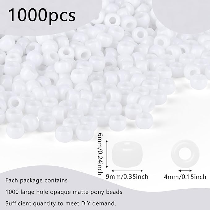 White Pony Beads 1000Pcs 9mm Pony Beads Bulk White Perler Beads for Friendship Bracelets Kandi Beads Hair Beads for Braids Beads for Crafts