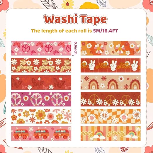 12 Rolls Washi Tape Set, Retro Boho Flower Butterfly Masking Tapes, Doodle Hand-Drawn Decorative Adhesive Tapes for Painters Planners Scrapbook school Supplies, DIY Art Crafts, Gift Wrapping 16.4Ft