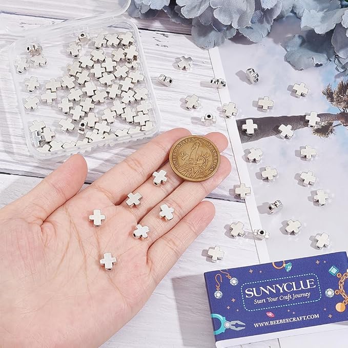 SUNNYCLUE 100Pcs Silver Tibetan Style Alloy Crosses Mini Pocket Crosses in Bulk Tiny Crucifix Charms Easter Crucifix Loose Spacer Beads for Jewelry Making Beading Supplies