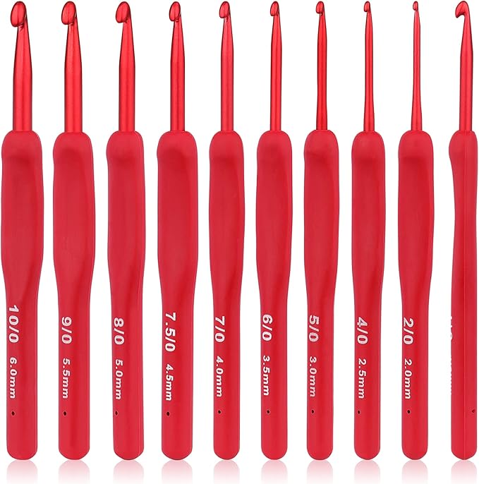 Coopay Red Crochet Hooks Ergonomic Crochet Hook Set, 9PCS Soft Touch Aluminum Crochet Needle for Arthritic Hands, 2.0-6.0mm Crochet Kit for Beginners/Professionals, Exquisite Knitting Crochet Supplies