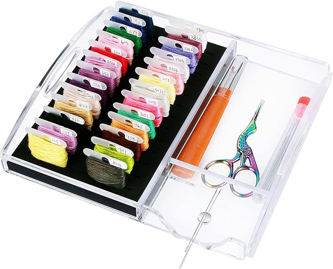 Acrylic Working Tray for Cross Stitch and Embroidery Supplies, Embroidery Floss Bobbins Organizer with Magnetic Needle Holder and Tools Storage-Tray Only (Small-For thin/standard bobbin)