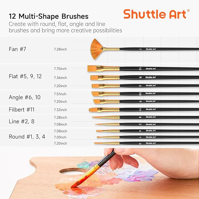 72 Pack Acrylic Paint Set, Shuttle Art 60 Colors Acrylic Paint Including Extra White Black & 12 Brushes, 2oz/60ml, Rich Pigmented, Water Proof, Ideal for Artists, Beginners on Canvas Rock Wood Ceramic
