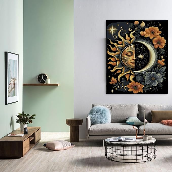 mybisymqq stamping cross stitch kit sun and moon, round counting cross stitch kit for adult beginners, full line diy cross stitch stitching kit for home decor cross stitch patterns 11.8x15.7inches