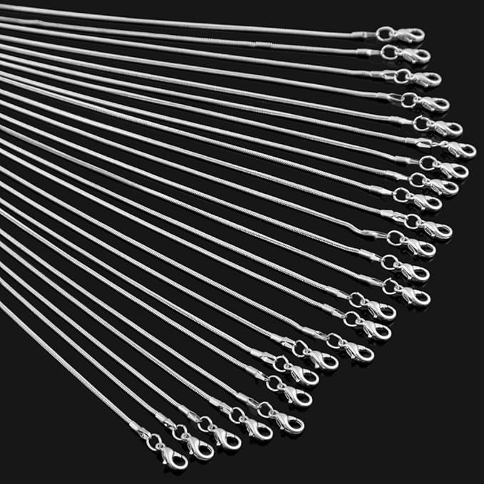 Snake Chains Necklace 24pcs 925 Silver Plated 1.2mm DIY Charms Link with Lobster Clasps for Jewelry Making (16 inch)