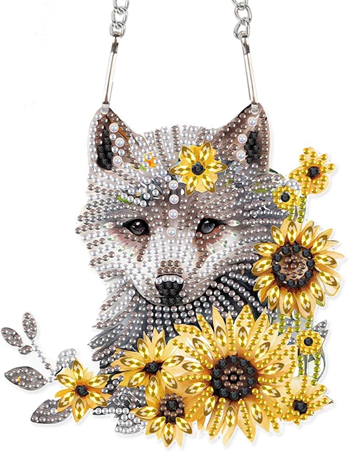 AiYuanzsh Animal Wolf Sunflower DIY Acrylic Diamond Painting Pendant Kits Special Shaped Rhinestone Round Diamond Art Hanging Kits Home Garden Wall Window Pendants .Home Wall Decor Gift