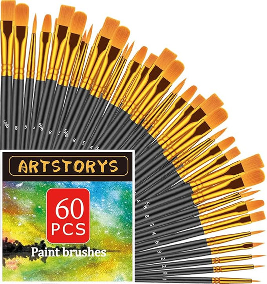 Paint Brushes Set, 60 Pcs Paint Brushes for Acrylic Painting, Oil Watercolor Acrylic Paint Brush, Artist Paintbrushes for Body Face Rock Canvas, Adult Drawing Arts Crafts Supplies, Black