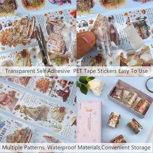 Vintage PET Tape Stickers, Flower Women Caffeine Canvas Cafe Window 6 Rolls Assorted Decorative Tape for Crafts, Journaling, Scrapbooking, Bujo DIY Supplies