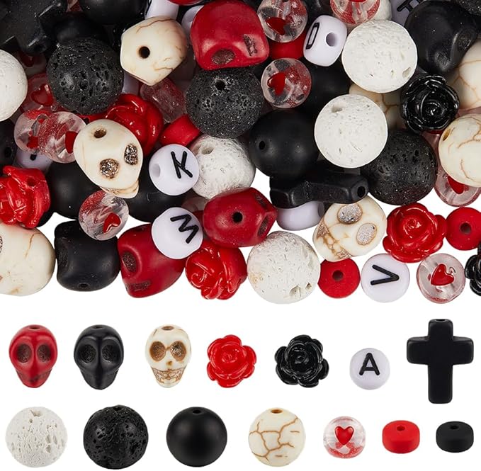 SUNNYCLUE 1 Box 416Pcs Halloween Beads Kit Stone Cross Beads Rose Flower Skull Synthetic Turquoise Black Red Gemstone Bead Natural Lava Rock Spacers for Jewelry Making Kits Adult Supplies