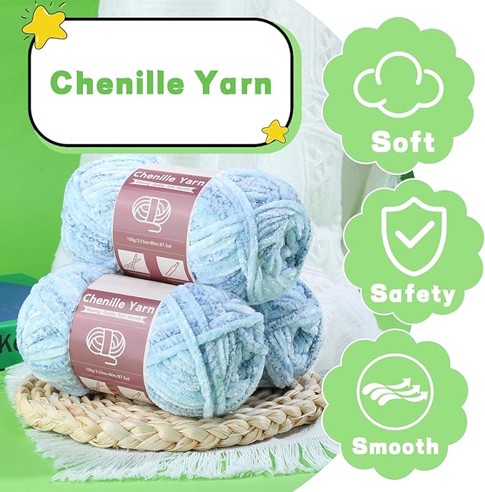 LUNARM Chenille Yarn for Crocheting Knitting, 3 Skein 10.58 oz / 263 Yard Thick Soft Chunky Fluffy Weaving Plush Yarn for Blankets Clothes Pattern with Big Eye Needles(Blue Gradient)
