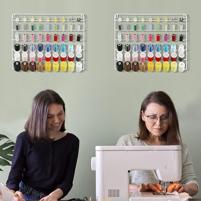 YBING Thread Holder Wall Mount 54 Spools Sewing Thread Rack Embroidery Thread Organizer Rack Sewing Thread Holder White with Hanging Tools for Quilting Braiding Hair Metal 2 Pack