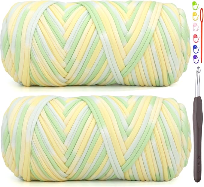 2 Pack Tshirt Yarn for Crocheting,Rainbow T Shirt Chunky Elastic Fabric Thick T-Shirt Crochet Yarn for Beginners Crocheting Hand Knitting Bag/Basket/Coasters/DIY Crafts/Home Decor 2*200G-Green Yellow