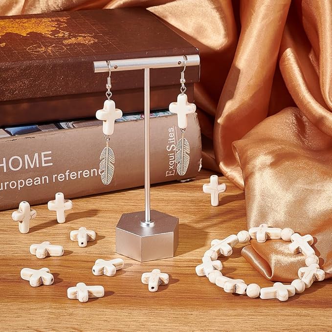 SUNNYCLUE 1 Box About 40Pcs Cross Beads White Synthetic Turquoise Beads Bulk Easter Pocket Crosses in Bulk Mini Cross Charm Crucifix Spacers for Jewelry Making Beading Kit DIY Bracelet Supplies