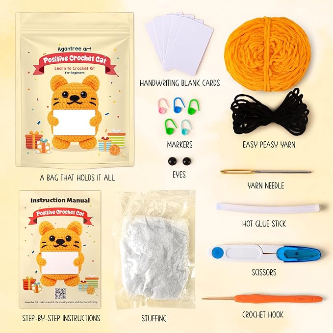 Crochet Kit for Beginners Kids Birthday Easter Basket Stuffers Teens Adults Custom Birthday DIY Gifts for Women Daughter Granddaughter Cat Crochet Kits with Step-by-Step Video Tutorials(40%+ Yarn)