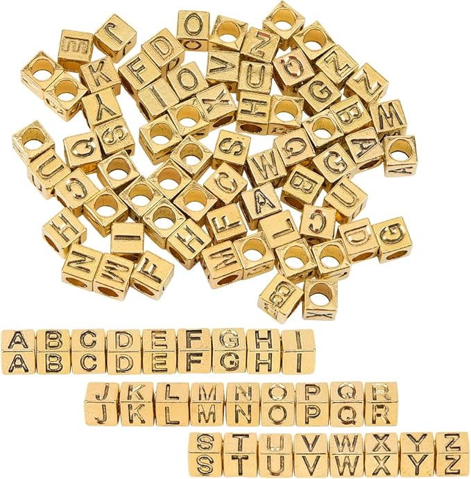 SUNNYCLUE 1 Box 104Pcs 26 Styles Gold Alphabet Beads Square Letter Bead Set Metal Alloy Antique Cube A to B Charm Large Hole Loose Spacer Beads for Jewelry Making Necklace Bracelets DIY Craft Supplies
