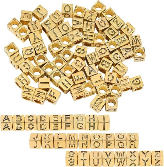 SUNNYCLUE 1 Box 104Pcs 26 Styles Gold Alphabet Beads Square Letter Bead Set Metal Alloy Antique Cube A to B Charm Large Hole Loose Spacer Beads for Jewelry Making Necklace Bracelets DIY Craft Supplies