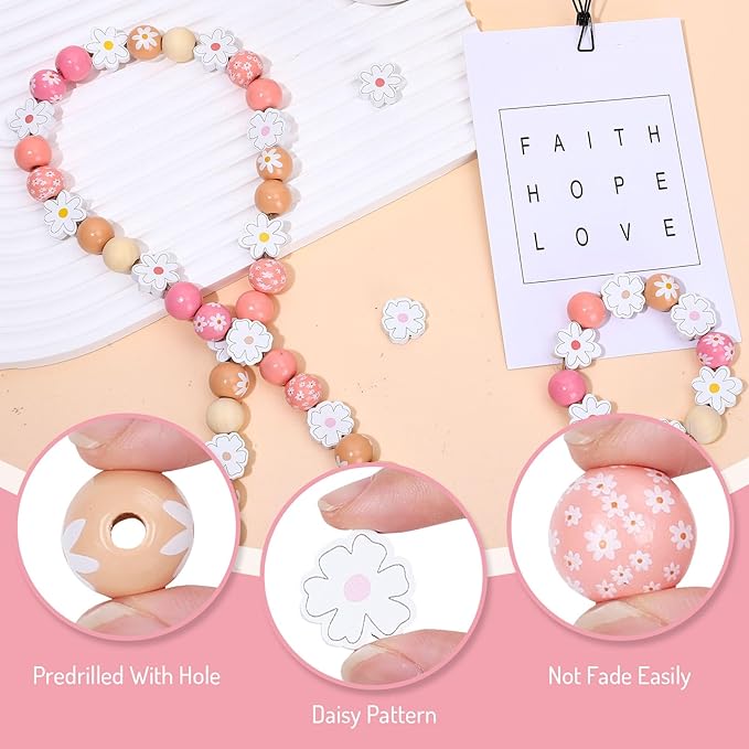 Whaline 230 Pcs Boho Daisy Wooden Beads Summer Flower 16 Mm Round Loose Beads 20 Mm Daisy Bead Natural Colorful Floral Printed Bead for DIY Crafts Jewelry Necklaces Bracelet Keychain Making