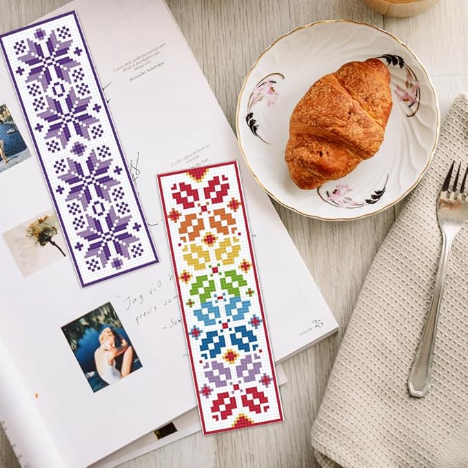 INFUNLY 6PCS Flower Cross Stitch Bookmark Kit for Beginners 8.66"×3.15" Boho Plaid Flowers Embroidery Bookmark Kits Geometric Pattern Cross Stitch Kit with Instruction for Book Lovers Reader Writers