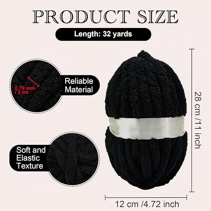 Chunky Yarn for Hand Knitting, Jumbo Chunky Yarn for Crocheting, Chunky Chenille Yarn, 1 Pack (32 yds 8.5 oz Each Skein),#7, Black