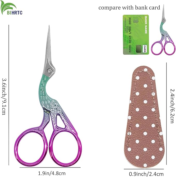 BIHRTC 3.6 Inch Small Crane Precision Detail Scissors Protective Leather Cover Stainless Steel Sharp Tip Needlepoint Scissors for Sewing Crafting Embroidery Scrapbooking