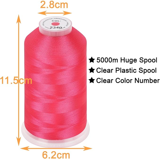 New brothread - Single Huge Spool 5000M Each Polyester Embroidery Machine Thread 40WT for Commercial and Domestic Machines - Neon Rose