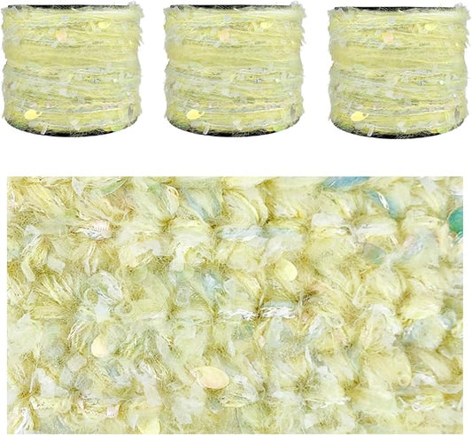 Artisanal Yarn Collection Multifiber Fancy Yarn with Sequins & Iridescent Shimmering Threads for Knitting Crocheting Crafts DIY, Set of 3 Rolls(Pastel Lemon)