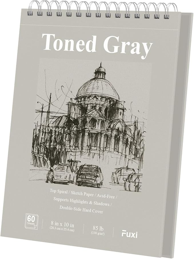 fuxi toned gray sketchbook 8x10, 60 sheets (85lb/130gsm) acid-free drawing paper, spiral bound sketch pads for drawing, pencil, charcoal, colored pencils & anime illustration.