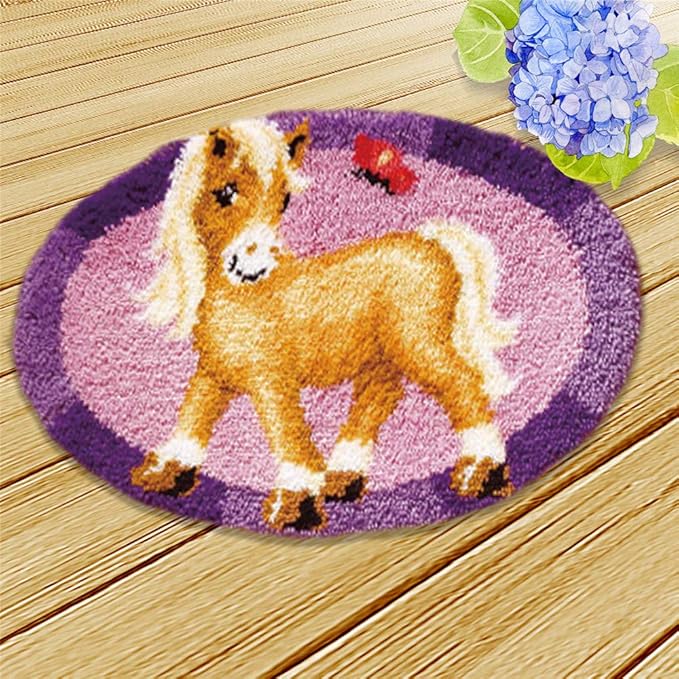 DL-YTG DIY Latch Hook Kits Pink Horse Throw Carpet Embroidery Cover Rug Pattern Color Printed Canvas 32x32in, Crochet Needlework Crafts for Kids and Adults