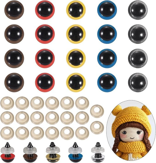 PATIKIL 14mm Safety Eyes, 20Pcs Realistic Doll Crocheting Safety Eyes with Washers for Decor Crochet Accessories Dolls Craft Halloween, Brown/Blue/Clear/Red/Yellow