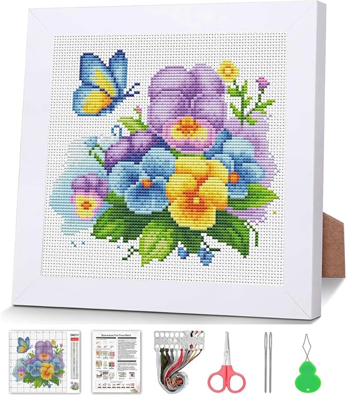 VIGEGU Flowers Cross Stitch Kits for Adults Beginners,Orchid Cross Stitch Kits with Wooden Framed,Embroidery Kit for Beginners,Partial 11CT Cross-Stitch Arts and Crafts for Adults 7.9x7.9inch