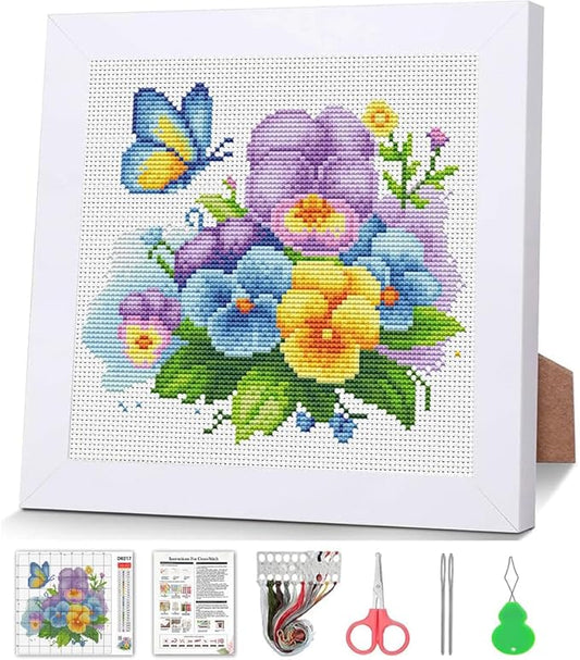 VIGEGU Flowers Cross Stitch Kits for Adults Beginners,Orchid Cross Stitch Kits with Wooden Framed,Embroidery Kit for Beginners,Partial 11CT Cross-Stitch Arts and Crafts for Adults 7.9x7.9inch