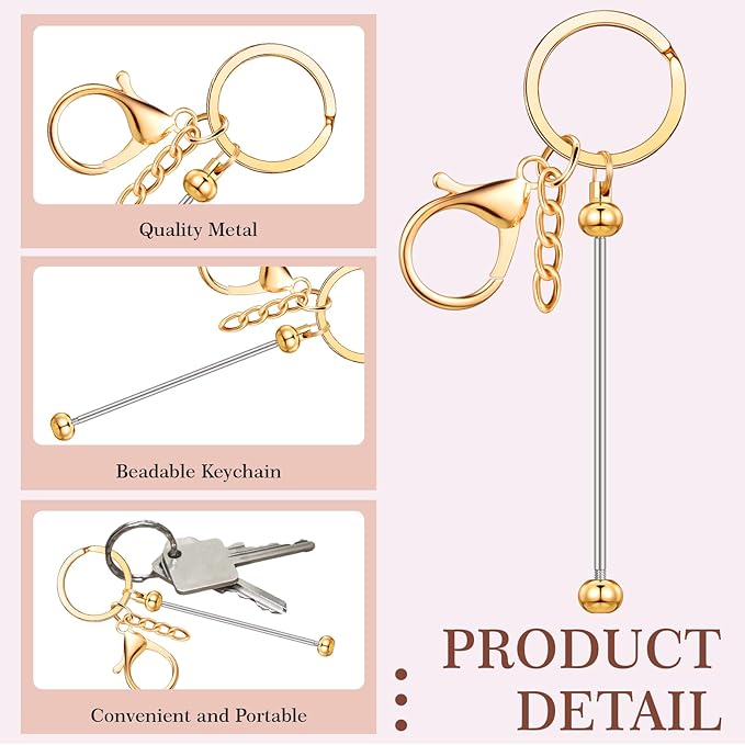 Tondiamo 24 Pcs Beadable Keychain Bars Bulk Beads for Keychain Making Kit Gifts for Women Men DIY Crafts(Gold)