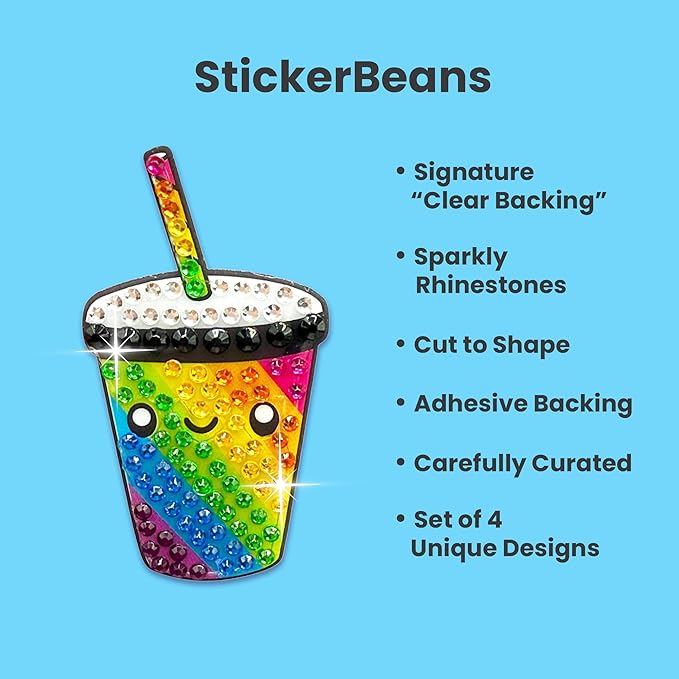 stickerbeans® rhinestone stickers – rainbow foodie 4-pack, 2” x 2” unique sparkly cut-to-shape for collecting, trading, decorating laptops, phone cases, scrapbooks, kids, teens, & adults