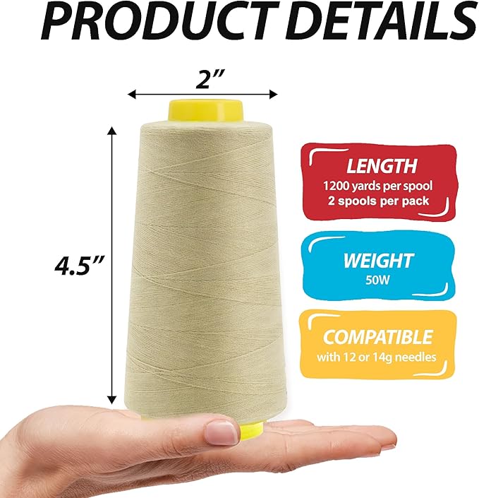 Mandala Crafts White and Beige Thread Cones for Machine and Hand Quilting - 4800 Yds 50 WT Multiple Purpose Mercerized 100% Cotton Threads for Sewing Machine Serger Embroidery
