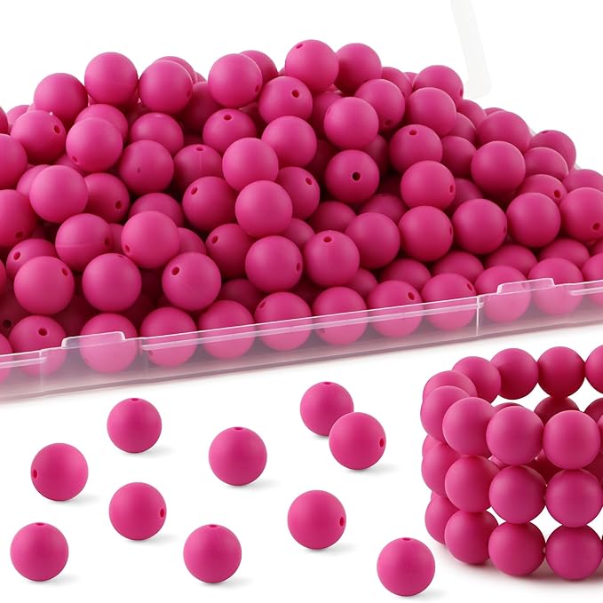 150Pcs 15mm Silicone Beads for Keychain Making Bracelet Necklace, Bulk Round Silicone Beads for Pens（Violet Red）