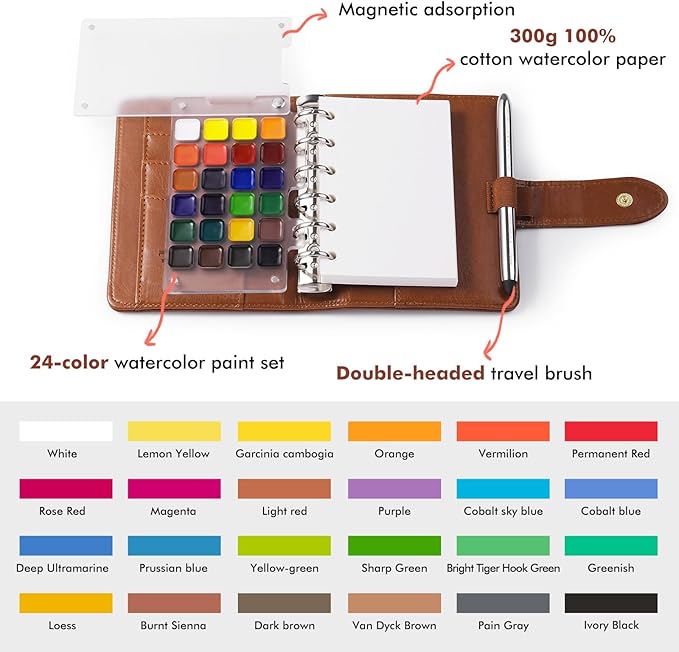 Fuumuui Portable Watercolor Sketchbook Set – Refillable 24-Color Travel Paints Kit & 100% Cotton Cold Press 20 Sheets Art Journal with Dual-Tip Travel Brush for Artists Outdoor Painting - Medium