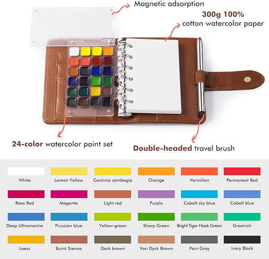 Fuumuui Portable Watercolor Sketchbook Set – Refillable 24-Color Travel Paints Kit & 100% Cotton Cold Press 20 Sheets Art Journal with Dual-Tip Travel Brush for Artists Outdoor Painting - Medium