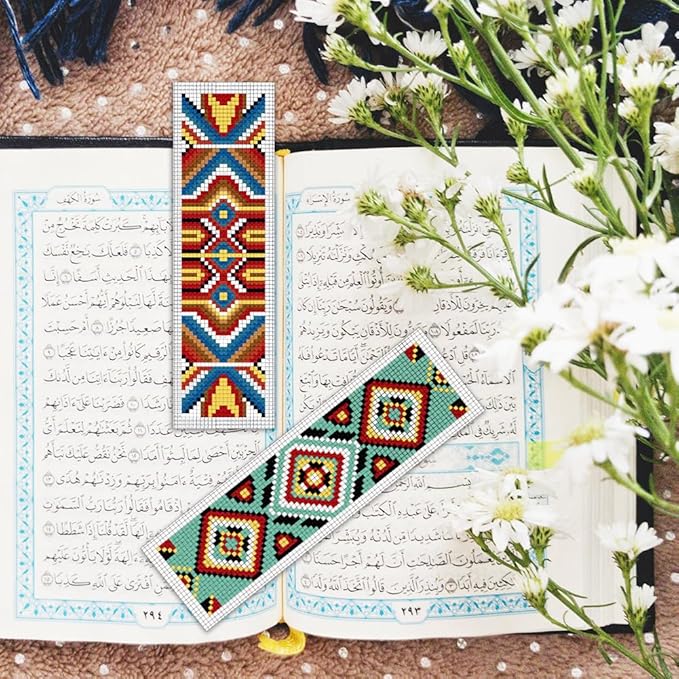 BEUNITONE Cross Stitch Bookmarks Kit 6 Pcs Geometric Pattern DIY Bookmarks Cross Stitch Kits for Beginners Boho Floral Fabric Bookmark Kit Traditional Decorative Counted Knitting Kit 8''x2.4''