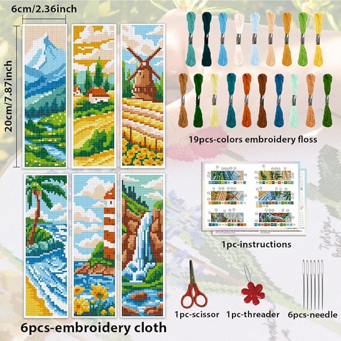 ACRNIGHEET 6pcs Cross Stitch Bookmark Kits, Landscape DIY Cross Stitch Bookmarks, Embroidery Bookmark Cross Stitch Kits with Scenery Pattern, Stamped Cross Stitch Kit Bookmark for Beginners Adults