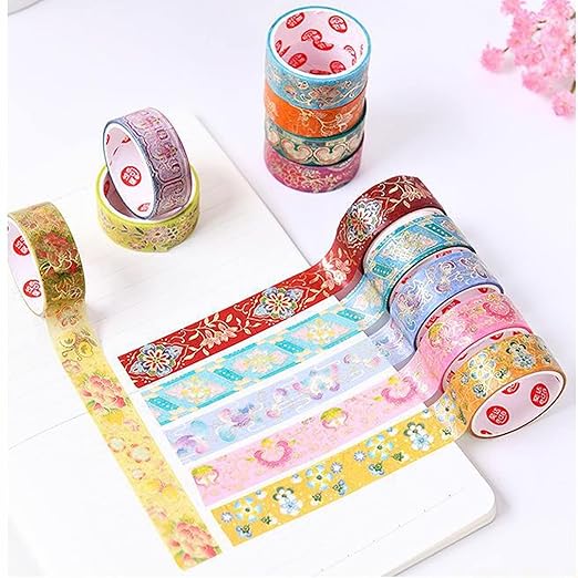 12 Rolls Vintage Washi Tape Set, Gold Foil Decorative Masking Tape for Scrapbooking, Journal, Planner, DIY Crafts, Gift Wrapping