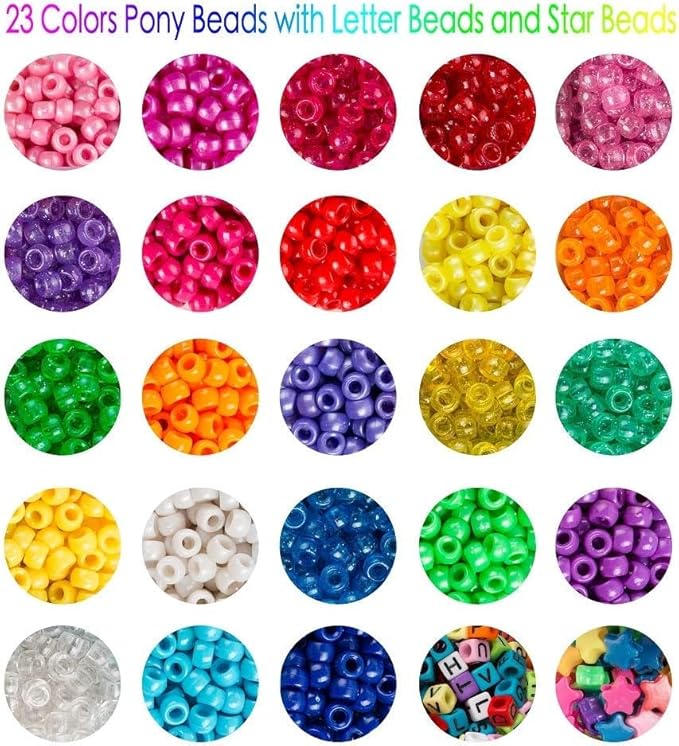 INSCRAFT Pony Beads Set, 3300 Pcs 9mm in 23 Colors with Letter & Star Designs, Elastic String for Bracelet Jewelry Making