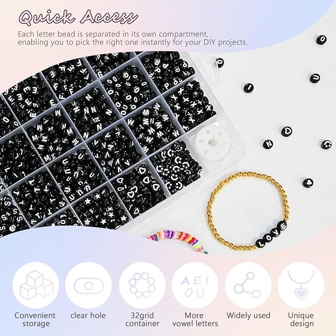Amaney 1600pcs Black Letter Beads 4x7mm Round Acrylic Alphabet A-Z Number Star Smiley Beads and Heart Pattern for Jewelry Making