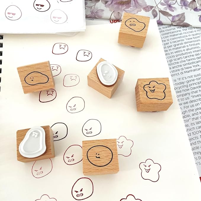 Mood Expression Wooden Rubber Stamps Kit - 12Pcs Emoticon Theme Stamps for Diary Planner, Scrapbooking, Card Making, Journal Decor and Bullet Journal
