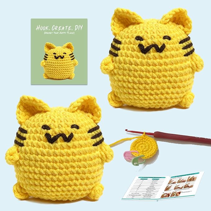 JueRum All in One Crochet Kit for Beginners,2PSC Cat Crochet Starter Kit with Step-by-Step Video Tutorials,Learn to Crochet Amigurumi Animals Knitting Kit for Adult