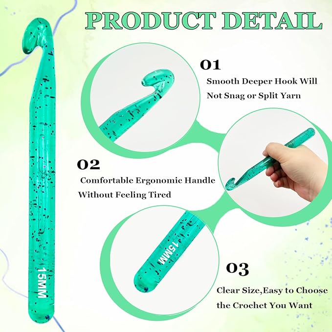 Hobekoee 15mm Large Crochet Hook for Chunky Yarn,Ergonomic Crochet Needles for Arthritic Hands,Plastic Crystal Smooth Crochet Hooks for Handmade DIY Crocheting