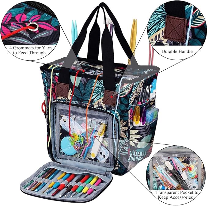 Coopay Crochet & Knitting Tote, Traveling Craft Tote Organizer for Hooks, Needles, Skein, Diamond Painting, Supplies (Forest Green)