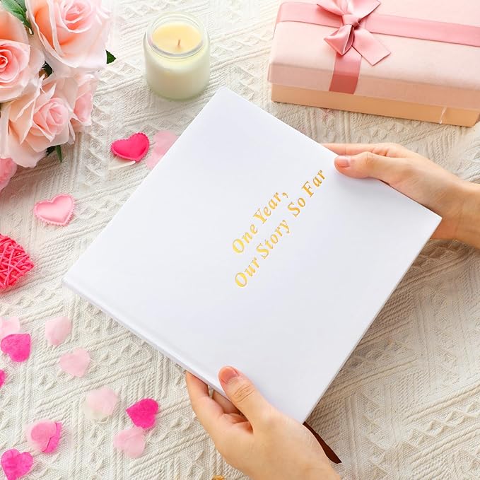Colarr Hardcover Couples Scrapbook 144 Pages 8.7 x 8.7" Couples Photo Album Scrapbook Relationship Journal for Memory Book Gift for Wedding with 2 Markers(White,One Year)